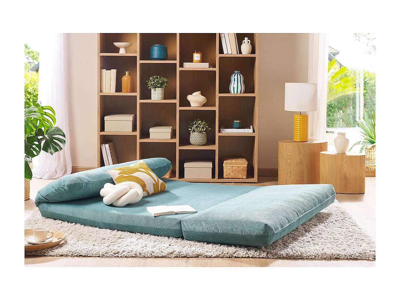 Poltrona letto 2 posti in tessuto velluto a coste verde acquamarina SPENCER