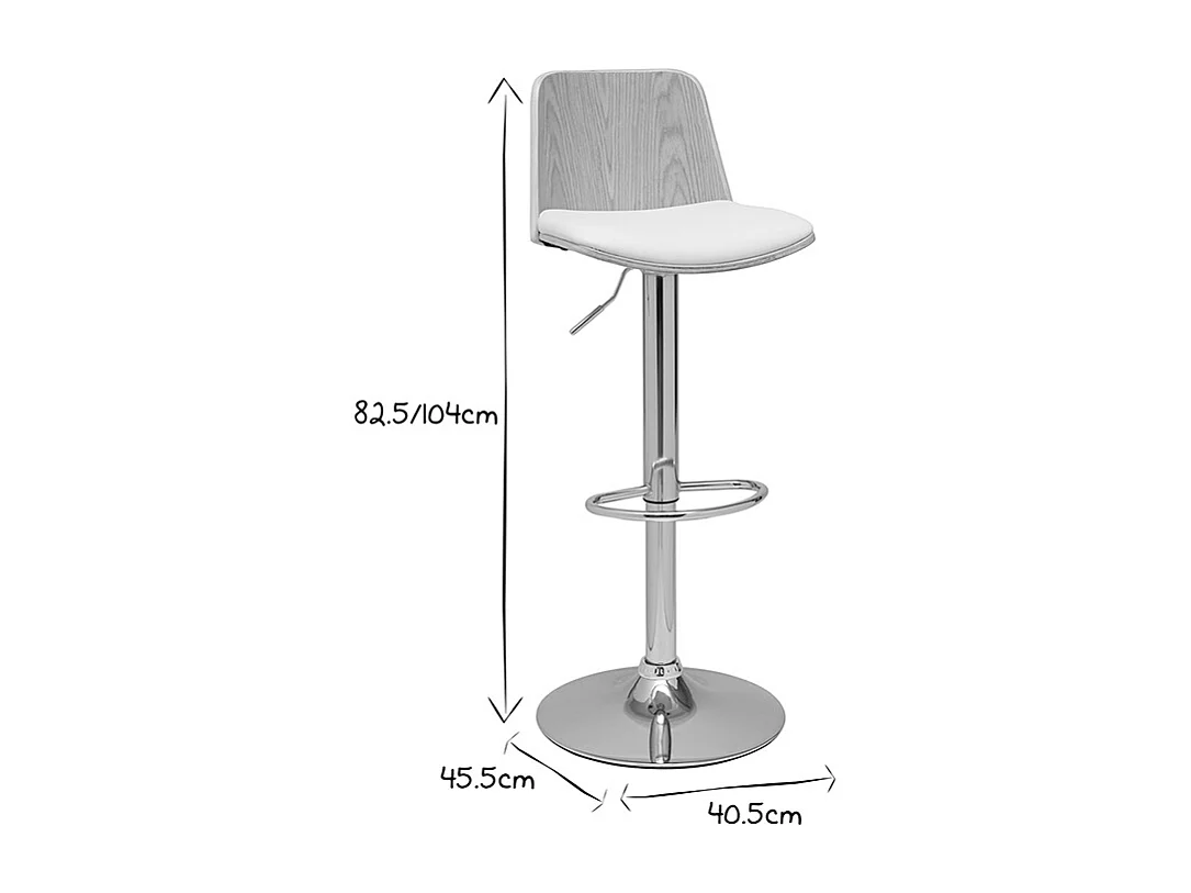 Hocker mit verstellbarer Sitzhöhe aus hellem Holz, weißem Polyurethan und chromfarbenem Fuß DOA