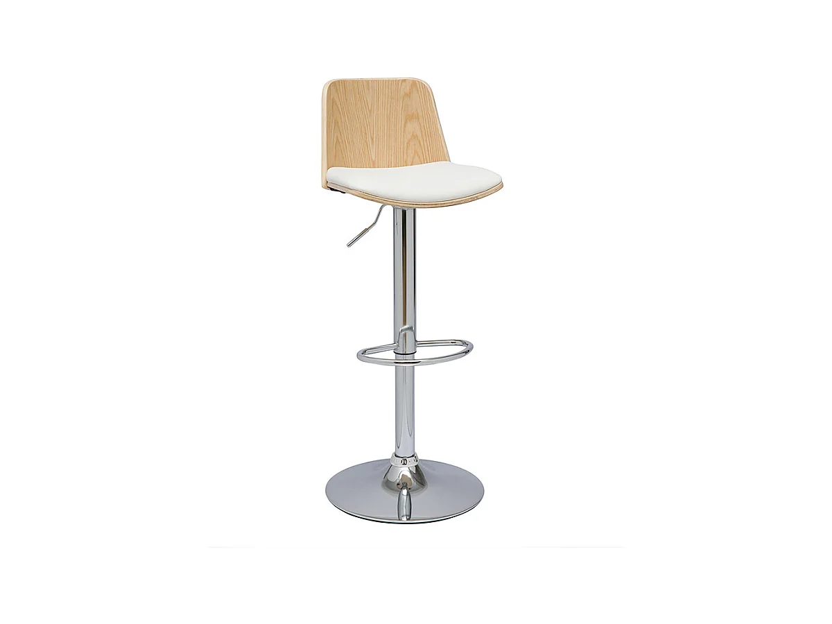 Tabouret de bar réglable blanc, bois clair et pied chromé DOA