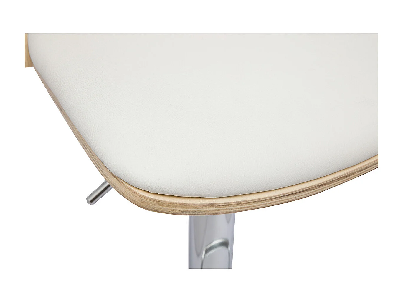 Hocker mit verstellbarer Sitzhöhe aus hellem Holz, weißem Polyurethan und chromfarbenem Fuß DOA