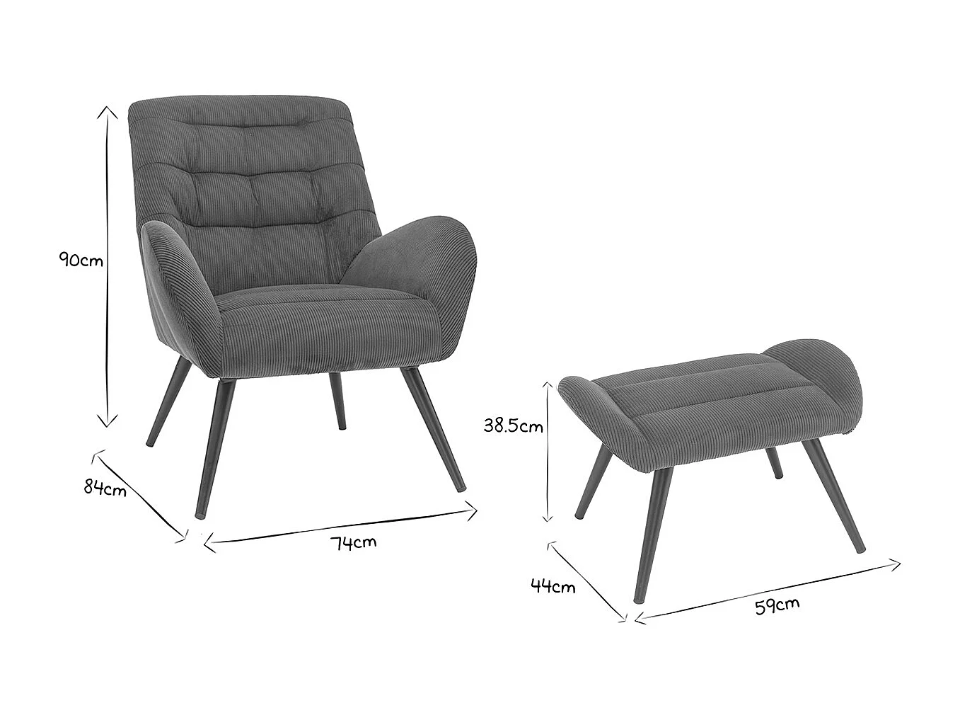 Fauteuil et repose-pieds design en tissu velours côtelé vert et métal noir ZOE