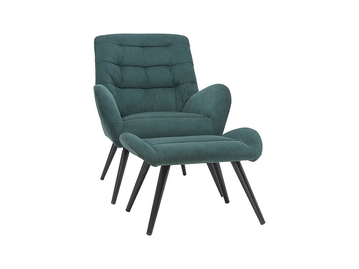 Fauteuil et repose-pieds design en tissu velours côtelé vert et métal noir ZOE