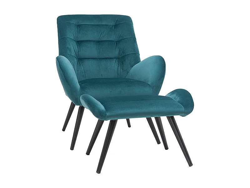 Design-Sessel und Fußstütze aus petrolfarbenem Stoff ZOE