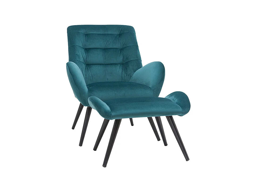 Fauteuil et repose-pieds design en tissu velours bleu pétrole et métal noir ZOE
