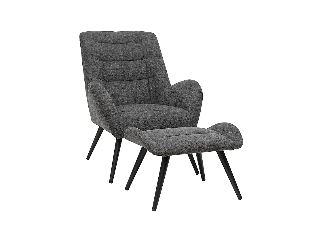 Fauteuil et repose-pieds design en tissu gris foncé et métal noir ZOE