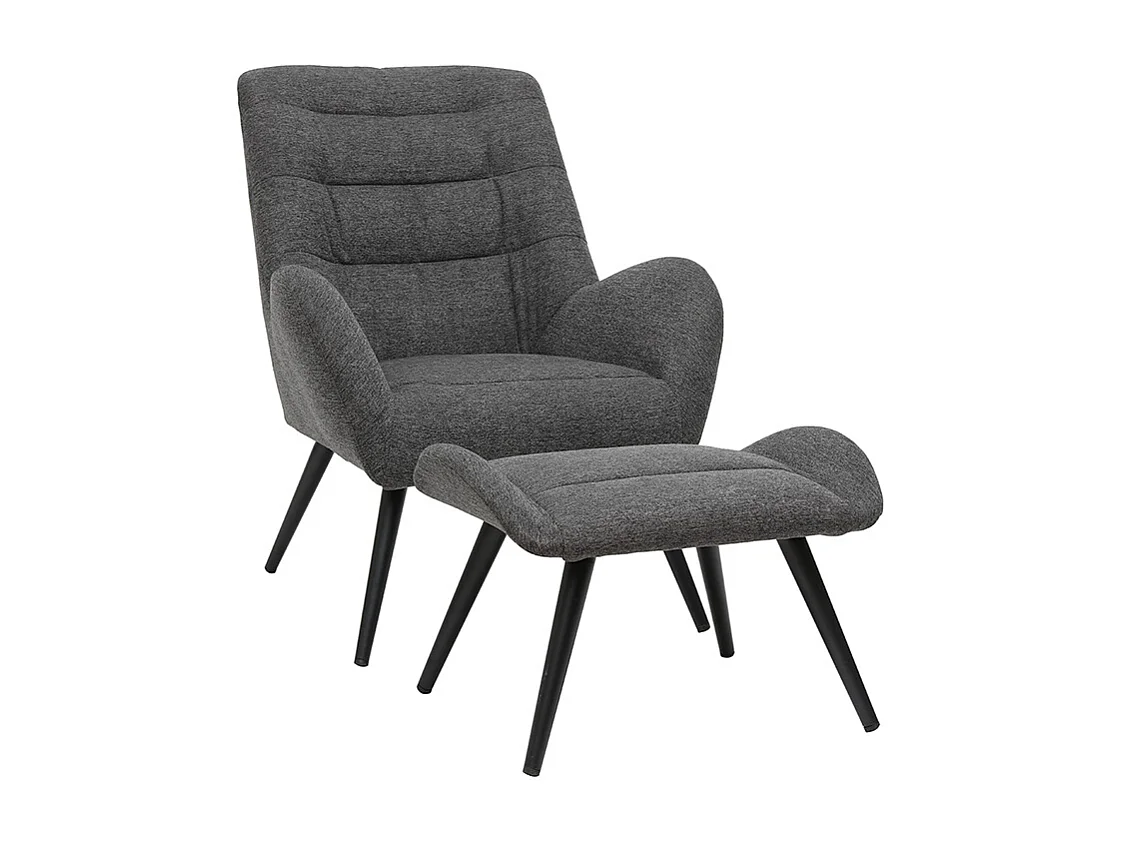 Fauteuil et repose-pieds design en tissu gris foncé et métal noir ZOE