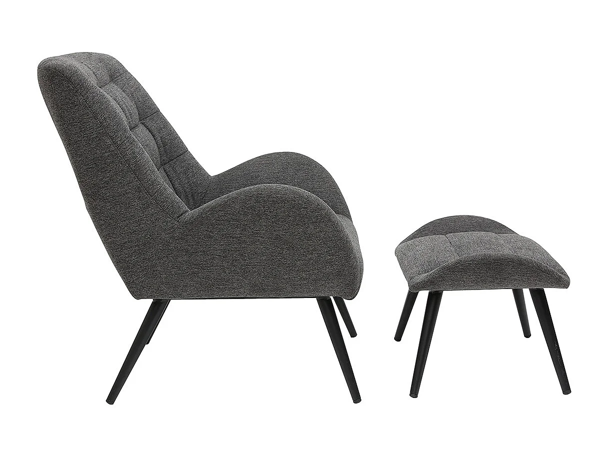 Fauteuil et repose-pieds design en tissu gris foncé et métal noir ZOE