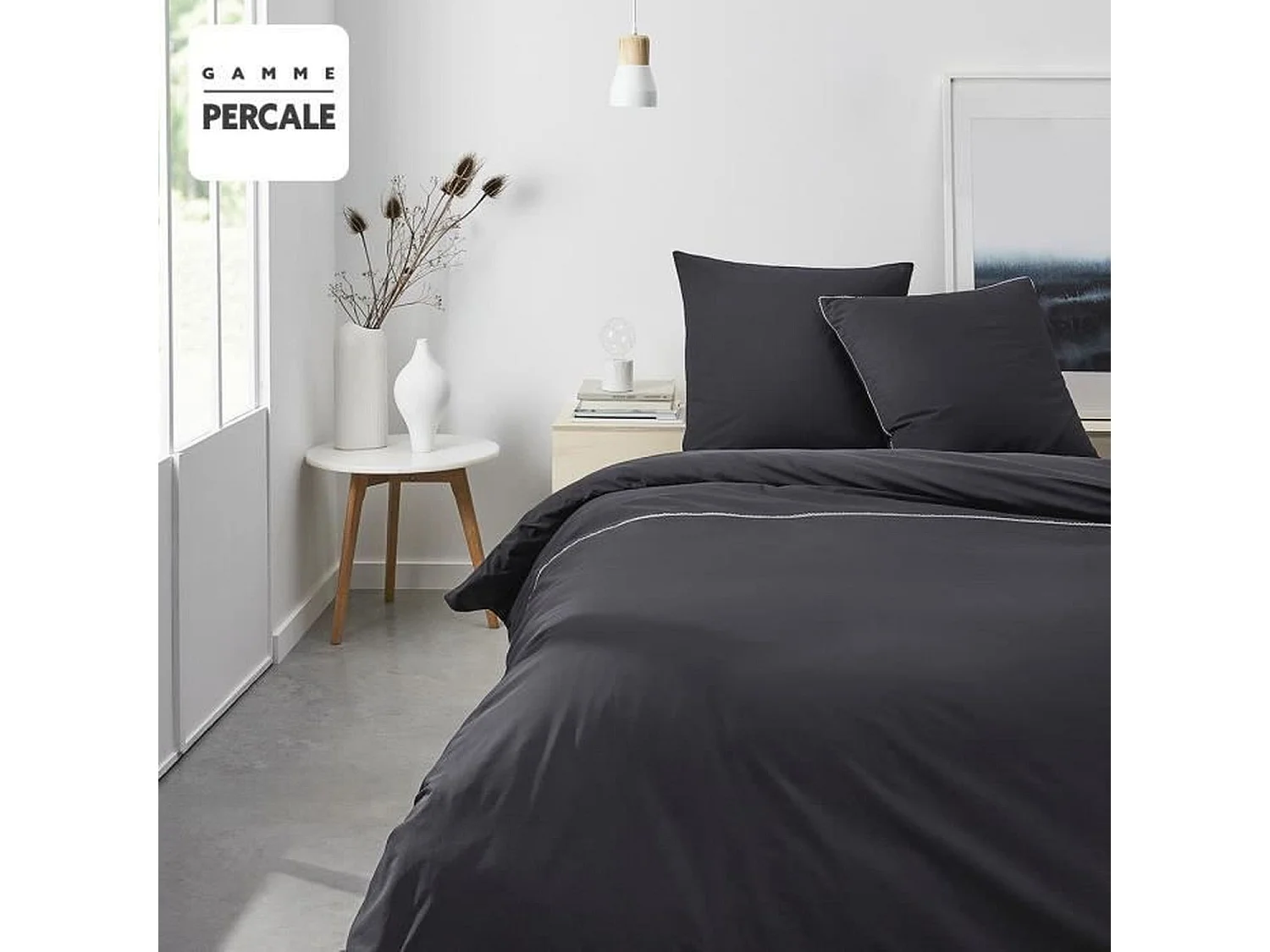 BettwäscheSet – 220 x 240 cm – 100 % Perkal, SpitzenFinish – Anthrazit