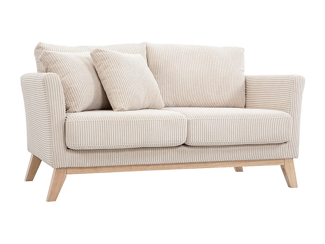 Canapé scandinave déhoussable 2 places en tissu velours côtelé beige et bois clair OSLO