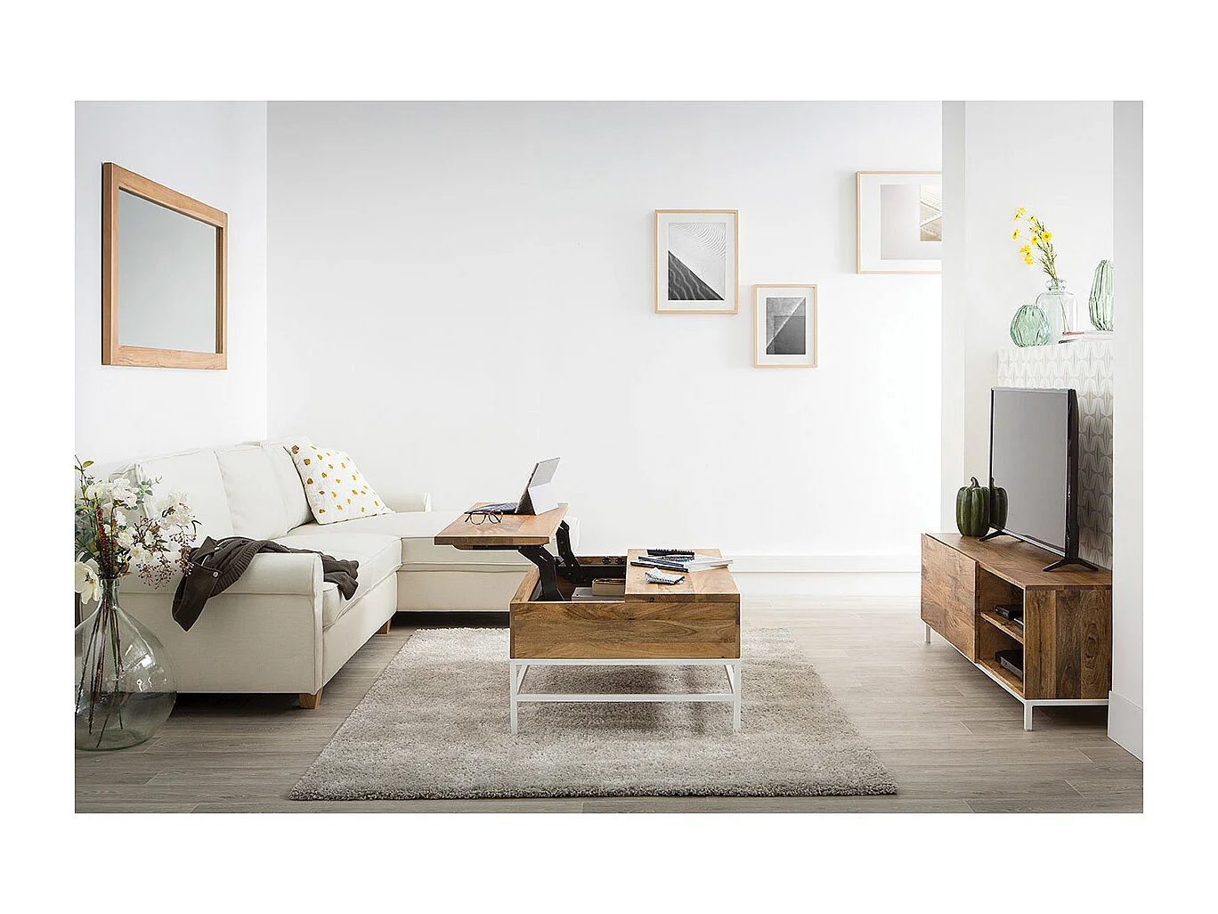 Meuble TV en bois manguier massif et métal blanc 145cm BOHO