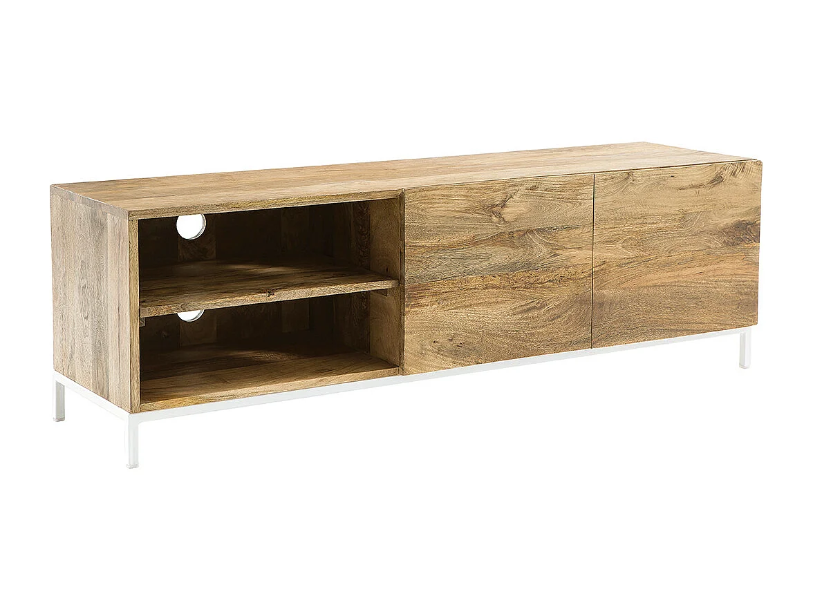 Meuble TV en bois manguier massif et métal blanc 145cm BOHO