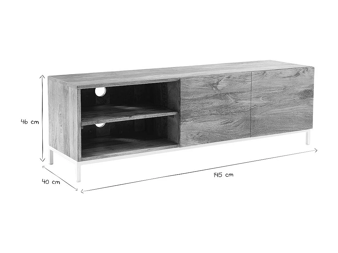 Meuble TV en bois manguier massif et métal blanc 145cm BOHO