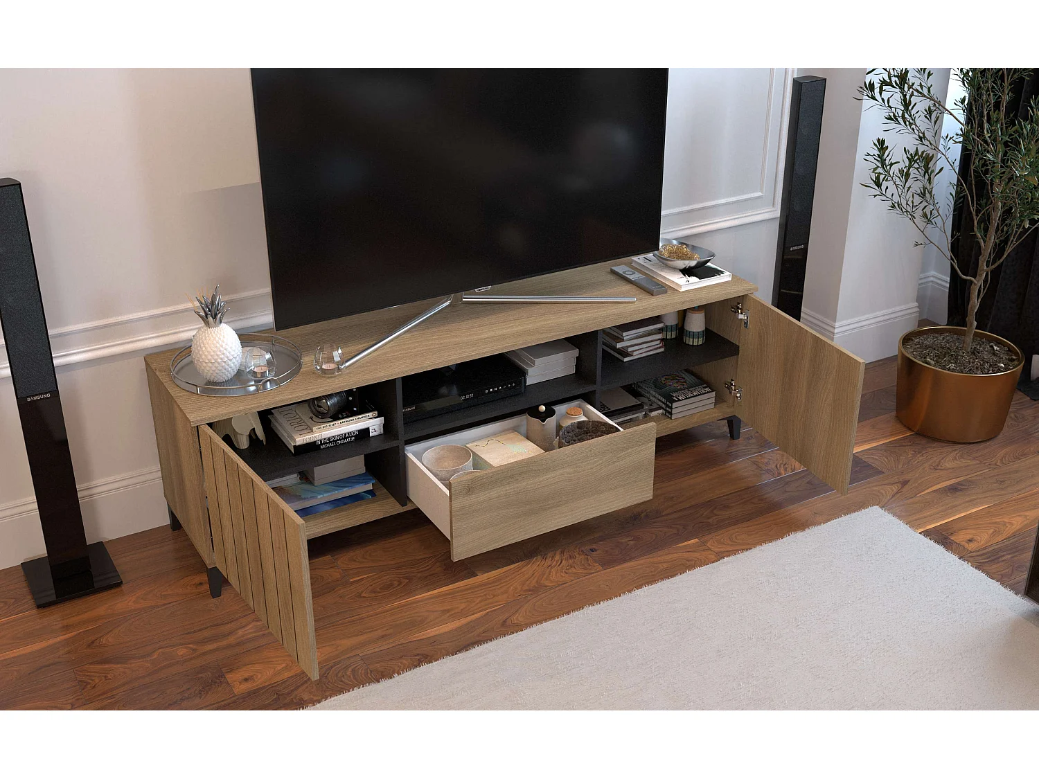 Meuble TV SEA 2 portes 1 tiroir 55x180x44 cm chêne TALESA