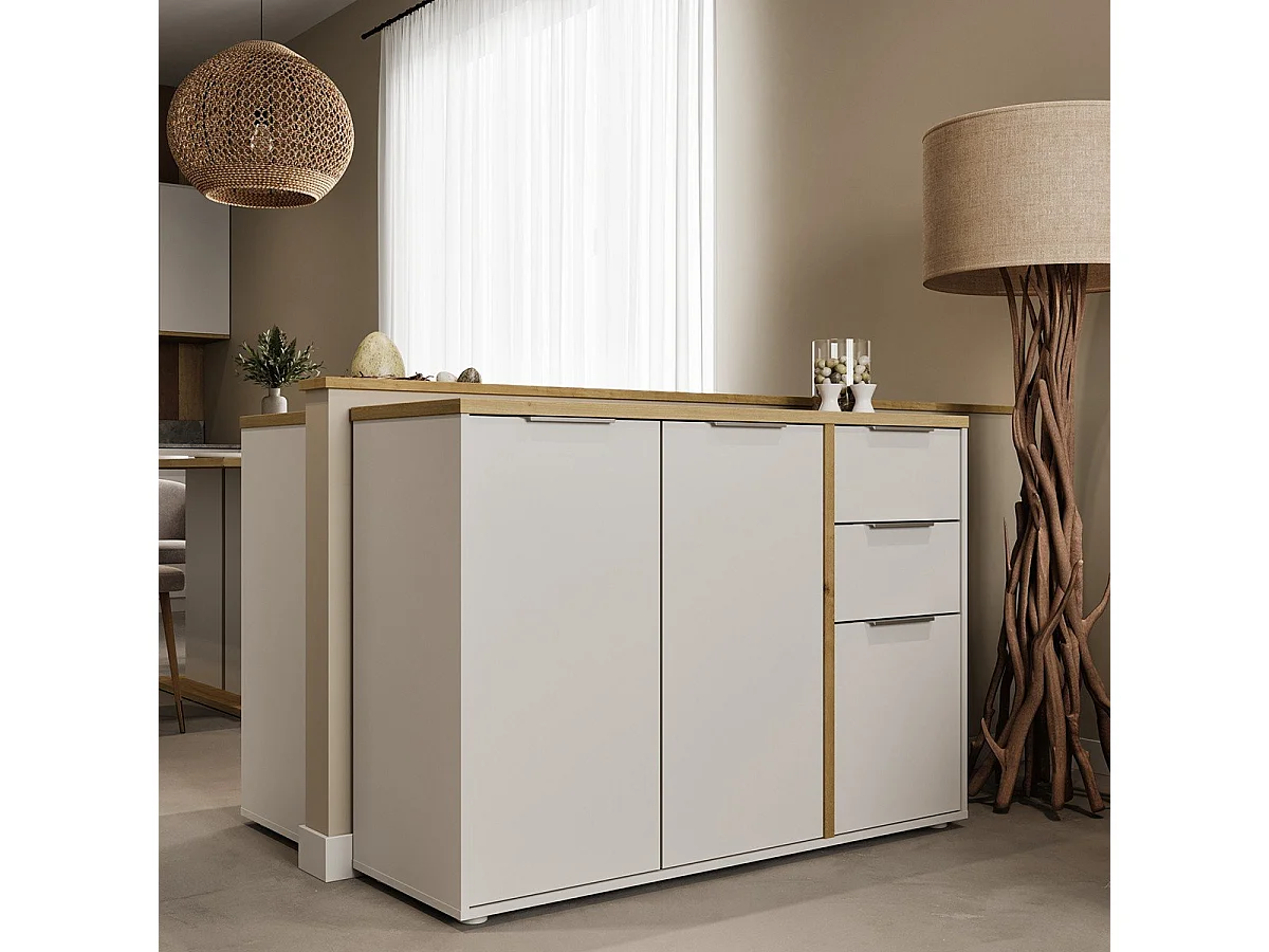 Aparador ACCESS - 3 puertas + 2 cajones - Roble Hamilton y Blanco - 121,5 x 39,6 x 85,6 cm