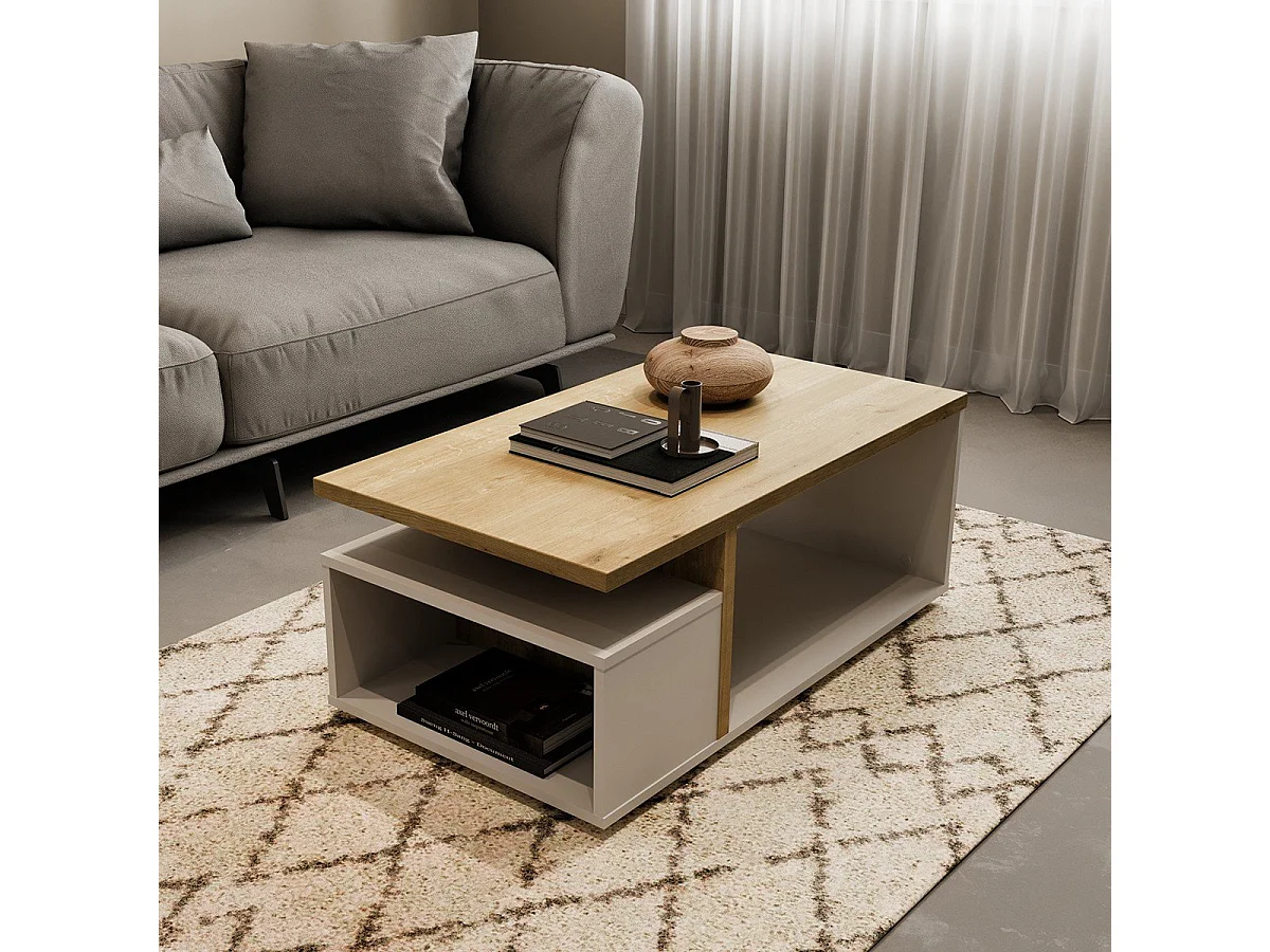 ACCESS Rechthoekige salontafel - 3 nissen - Hamilton eiken en wit - 91,8 x 50 x 36 cm