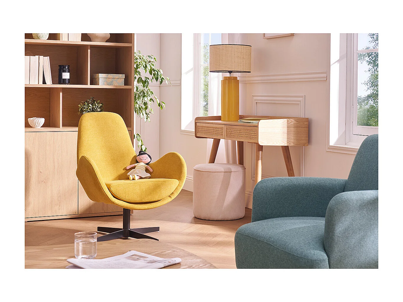 Escritorio de diseño con almacenamiento de 2 cajones en madera clara y rejilla de ratán L105 cm ELSY