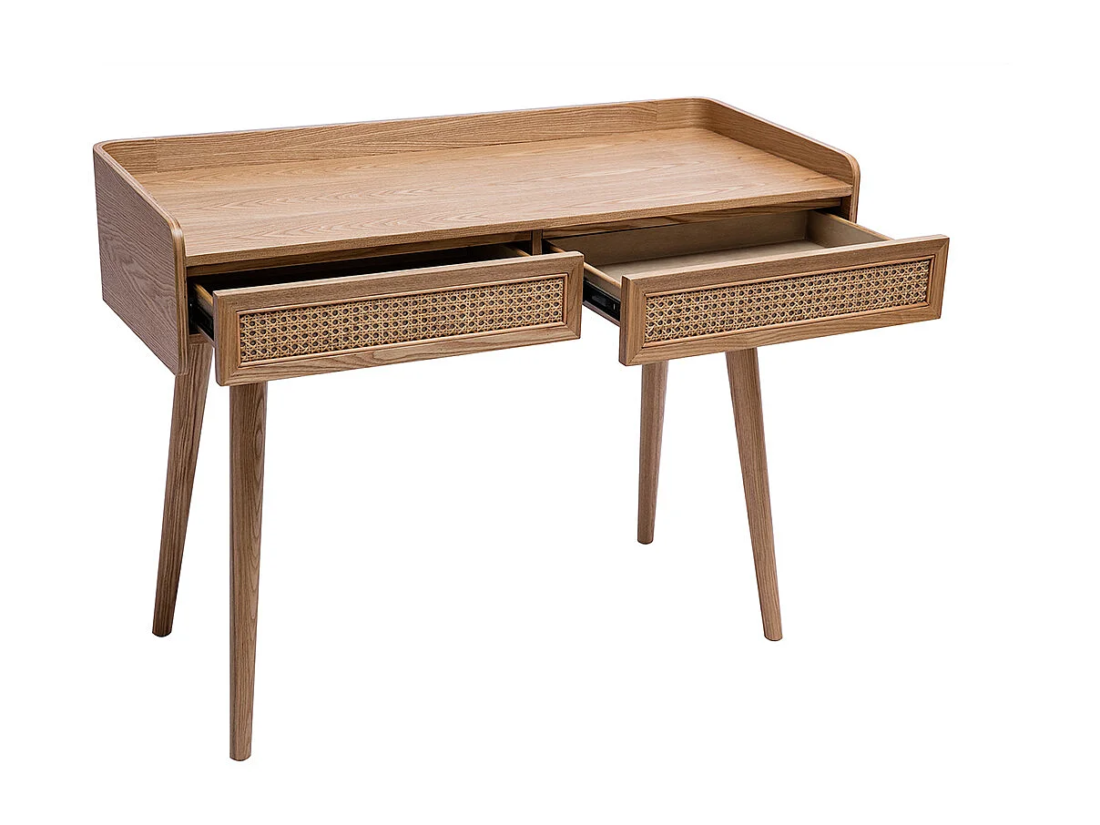 Escritorio de diseño con almacenamiento de 2 cajones en madera clara y rejilla de ratán L105 cm ELSY
