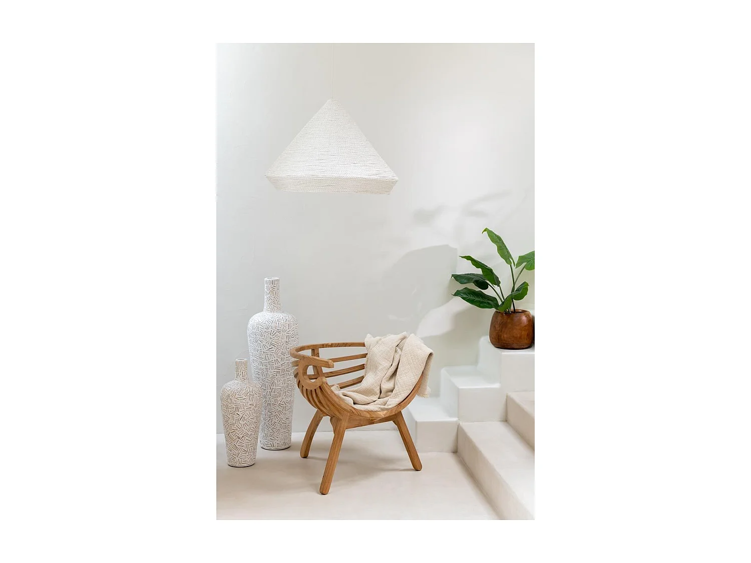 Lampe Suspension en Raphia "Cône" 52cm Blanc