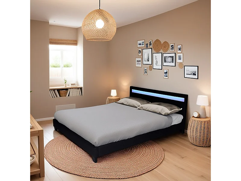 Lit CARDIFF 160x200, éclairage LED + 1 sommier / Noir
