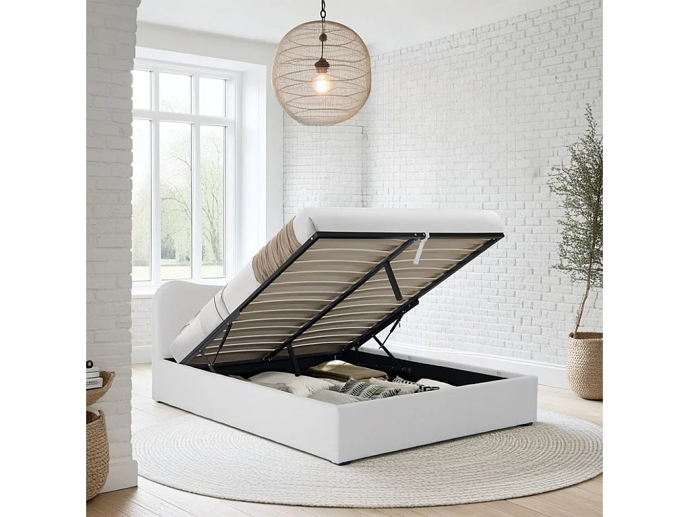 LIT COFFRE 140x190 CM COCOON+ SOMMIER / Tissu Bouclette Blanc