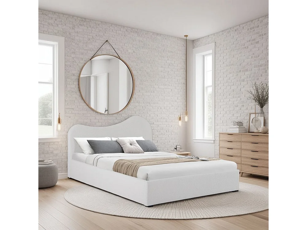 LIT COFFRE 140x190 CM COCOON+ SOMMIER / Tissu Bouclette Blanc