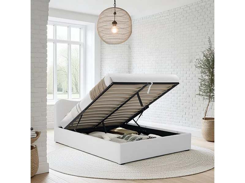 LIT COFFRE 140x190 CM COCOON+ SOMMIER / Tissu Bouclette Blanc