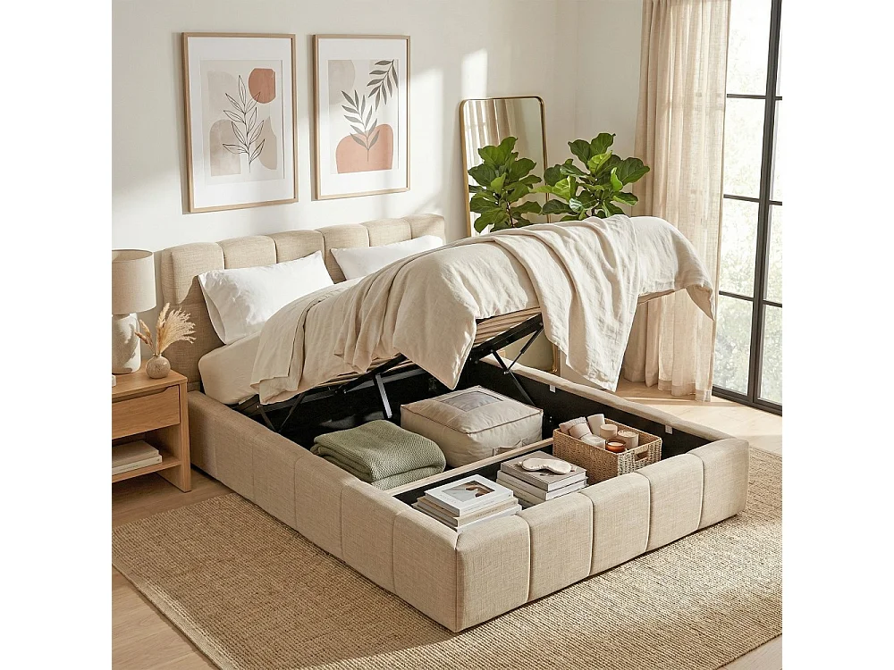 Lit coffre 140x190 cm ELIAS + sommier / Beige