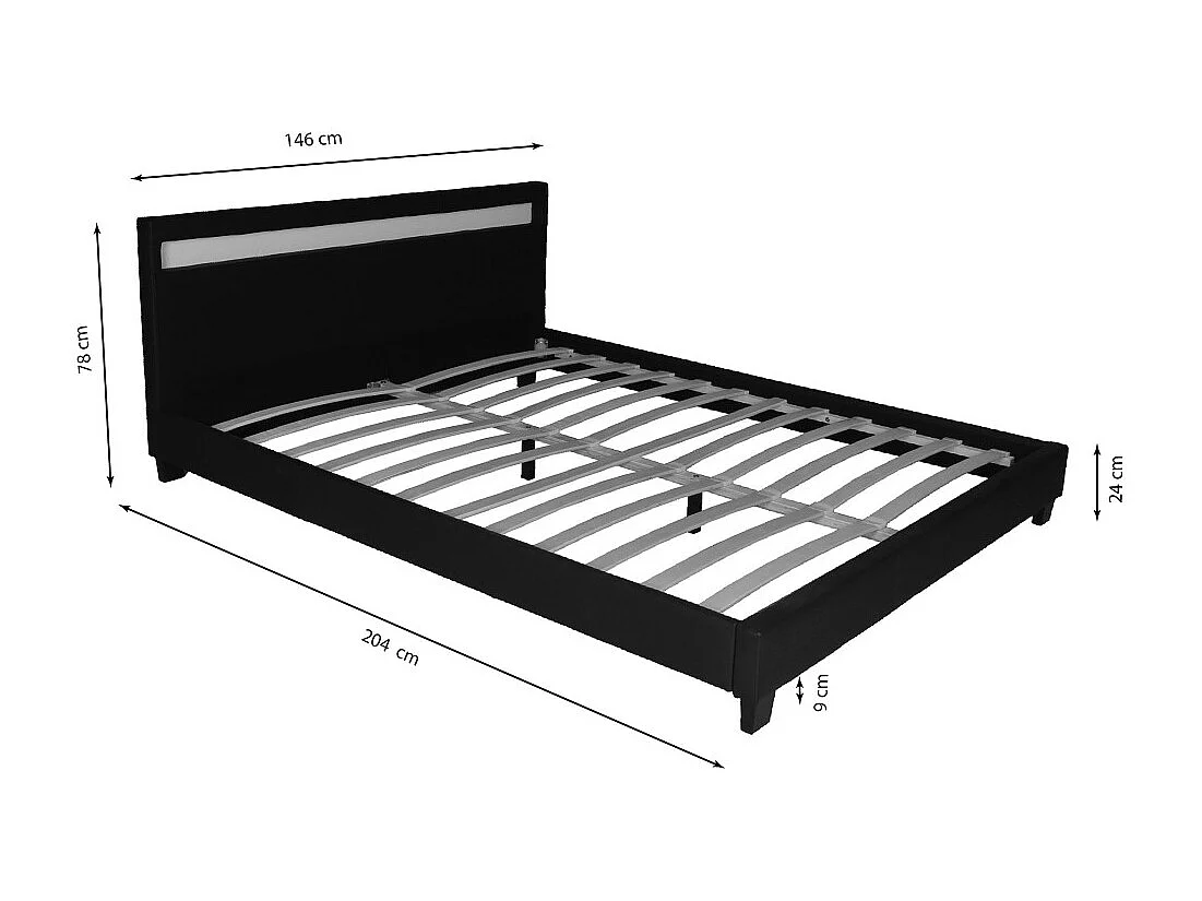 Lit CARDIFF 140x190, éclairage LED + 1 sommier / Noir