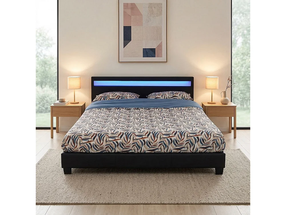 Lit CARDIFF 140x190, éclairage LED + 1 sommier / Noir