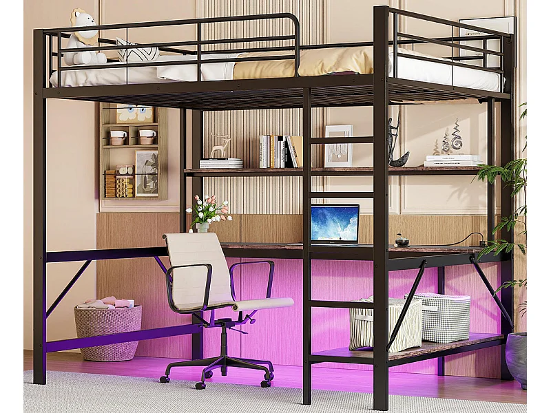 Cama alta 140x200 cm - con barreras - con escalera - con USB y enchufes - con luz LED - con escritorio + estantes de varios niveles - negra (sin colchón)