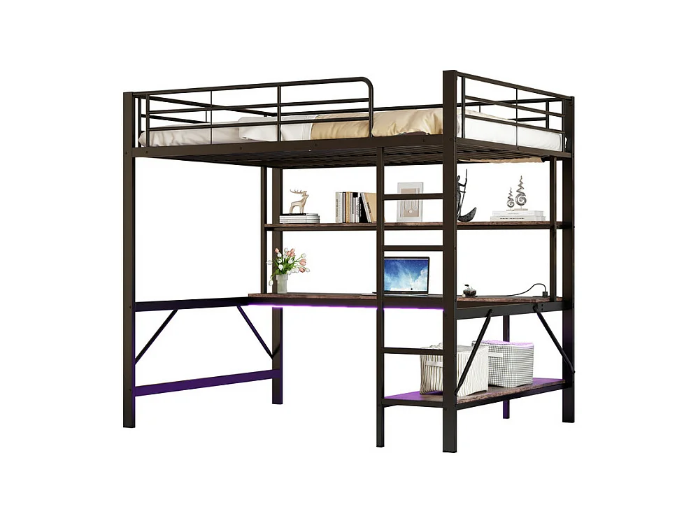 Lit mezzanine 140x200 cm - avec barrières - avec échelle - avec USB et prises - avec lumière LED - avec bureau + étagères à plusieurs niveaux - noir (sans matelas)