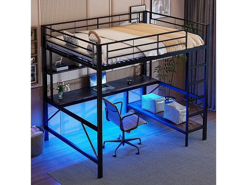 Lit mezzanine 140x200 cm - avec barrières - avec échelle - avec USB et prises - avec lumière LED - avec bureau + étagères à plusieurs niveaux - noir (sans matelas)