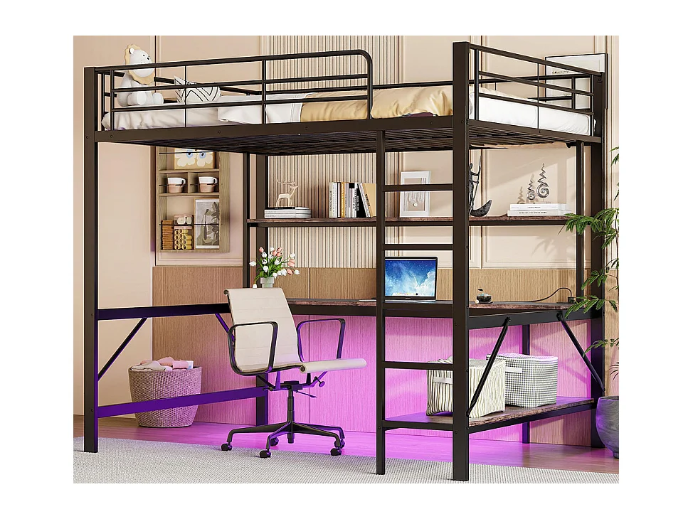 Lit mezzanine 140x200 cm - avec barrières - avec échelle - avec USB et prises - avec lumière LED - avec bureau + étagères à plusieurs niveaux - noir (sans matelas)