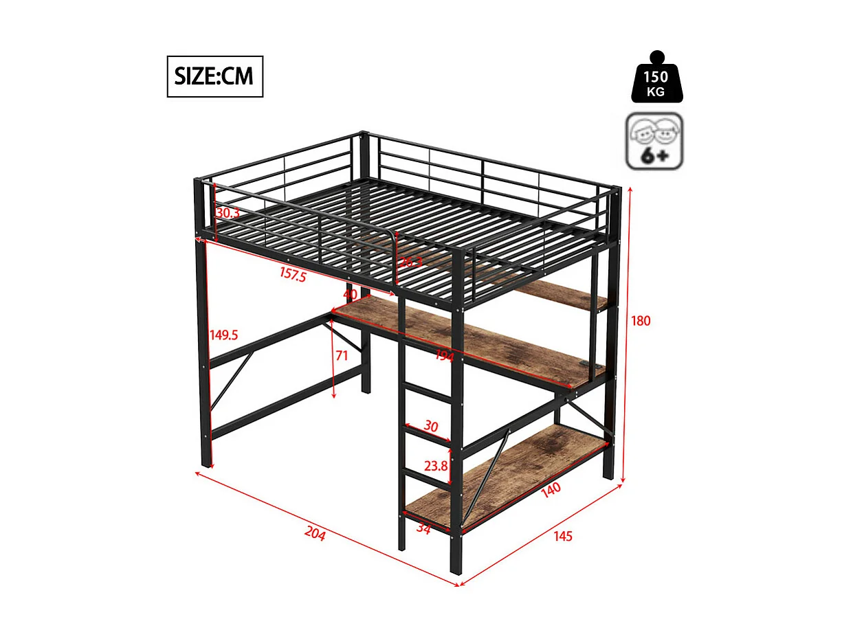 Lit mezzanine 140x200 cm - avec barrières - avec échelle - avec USB et prises - avec lumière LED - avec bureau + étagères à plusieurs niveaux - noir (sans matelas)