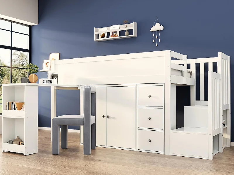 Mezzaninebed voor kind van 90x200 cm - met schuifbureau + zijopslagruimte - met kast - met trap - wit