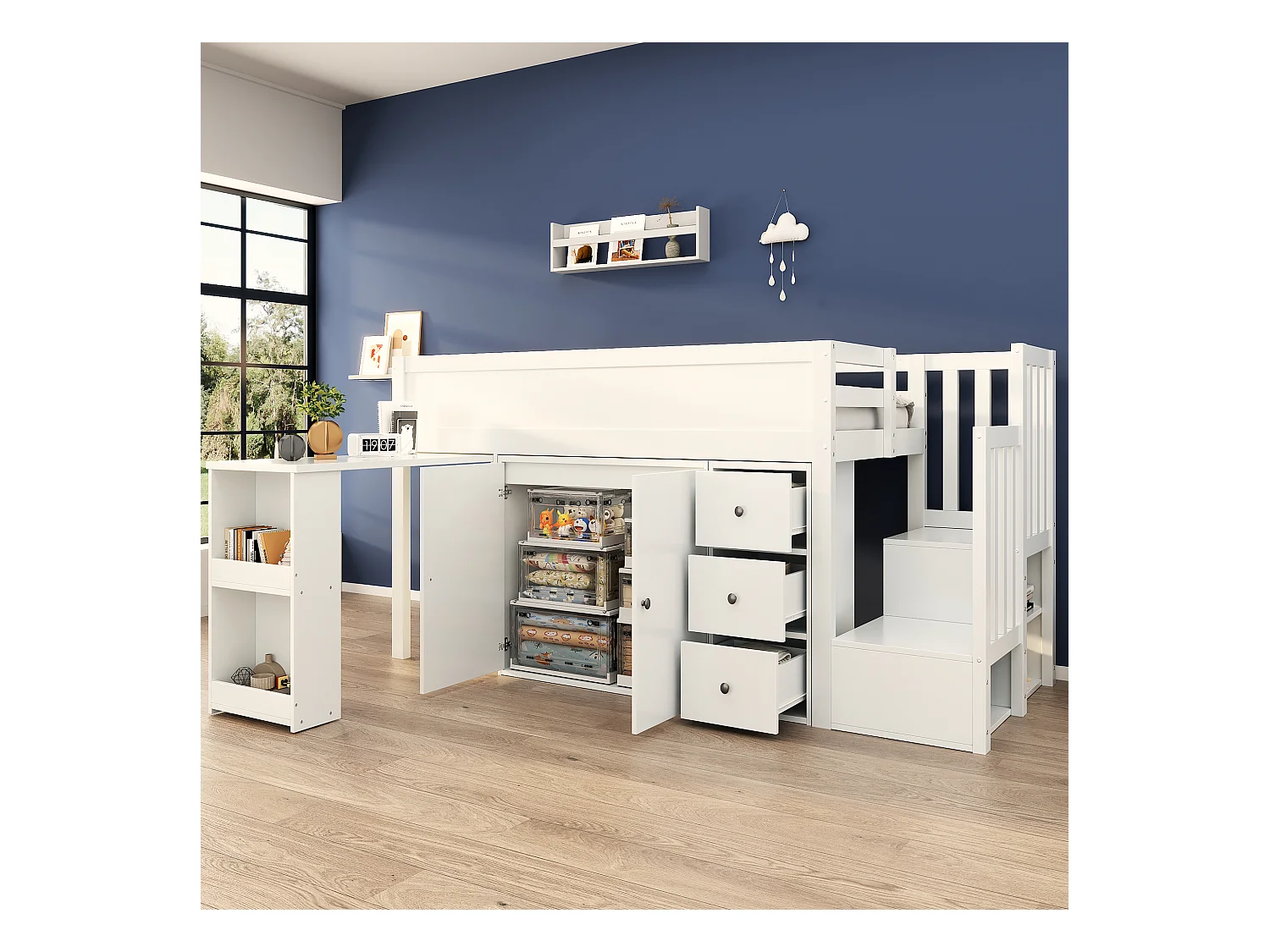 Lit mezzanine pour enfant 90x200cm- avec bureau coulissant + rangement latéral - avec armoire - avec escalier - Blanc