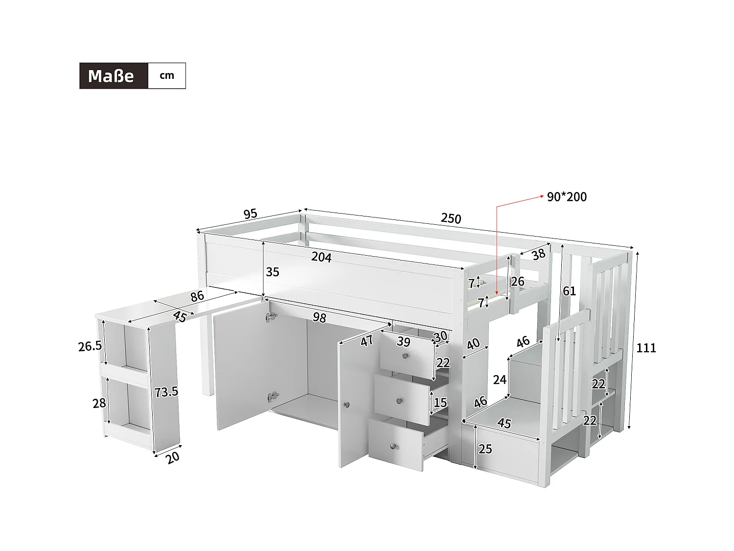 Lit mezzanine pour enfant 90x200cm- avec bureau coulissant + rangement latéral - avec armoire - avec escalier - Blanc