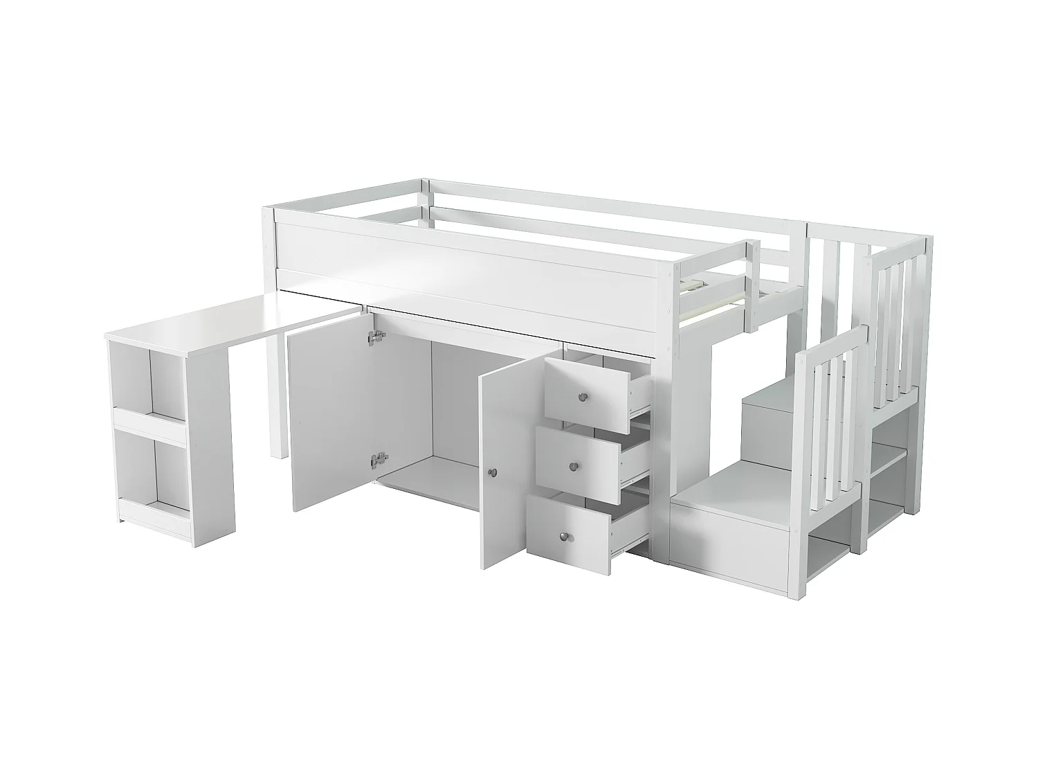 Lit mezzanine pour enfant 90x200cm- avec bureau coulissant + rangement latéral - avec armoire - avec escalier - Blanc