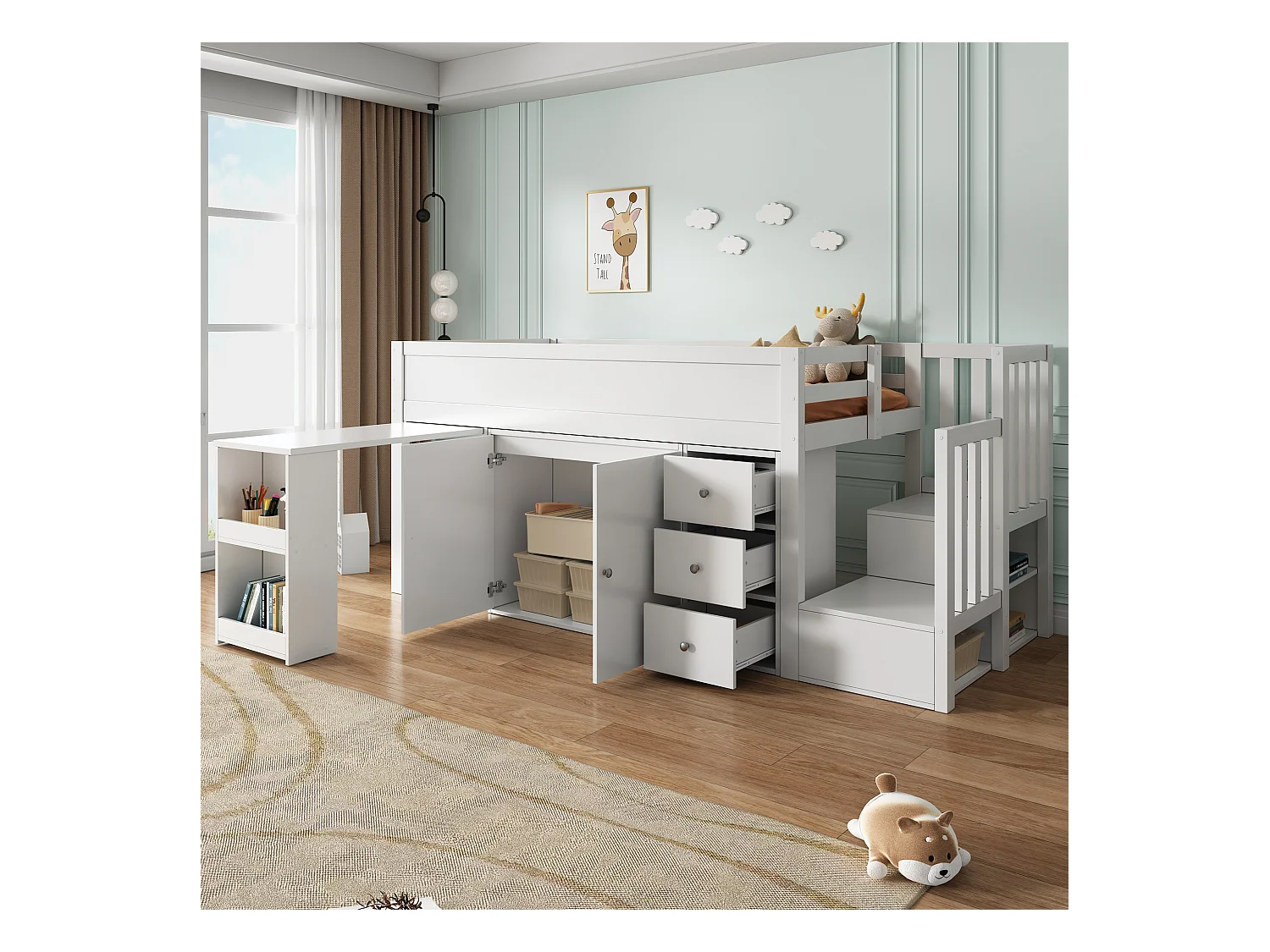 Lit mezzanine pour enfant 90x200cm- avec bureau coulissant + rangement latéral - avec armoire - avec escalier - Blanc