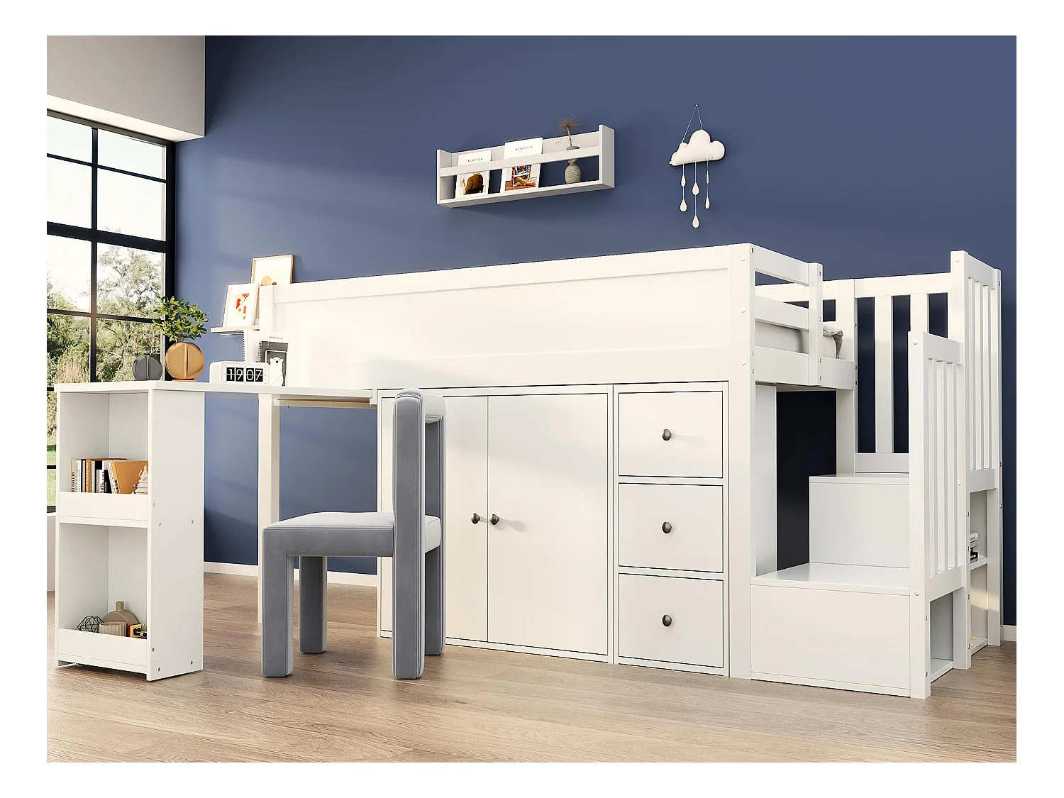 Kinderbett-Mezzanin 90x200 cm - mit Schreibtisch auf Rollen + seitlichem Stauraum - mit Schrank - mit Treppe - weiß