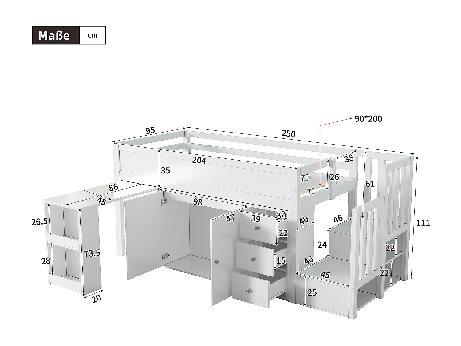Lit mezzanine pour enfant 90x200cm- avec bureau coulissant + rangement latéral - avec armoire - avec escalier - Blanc
