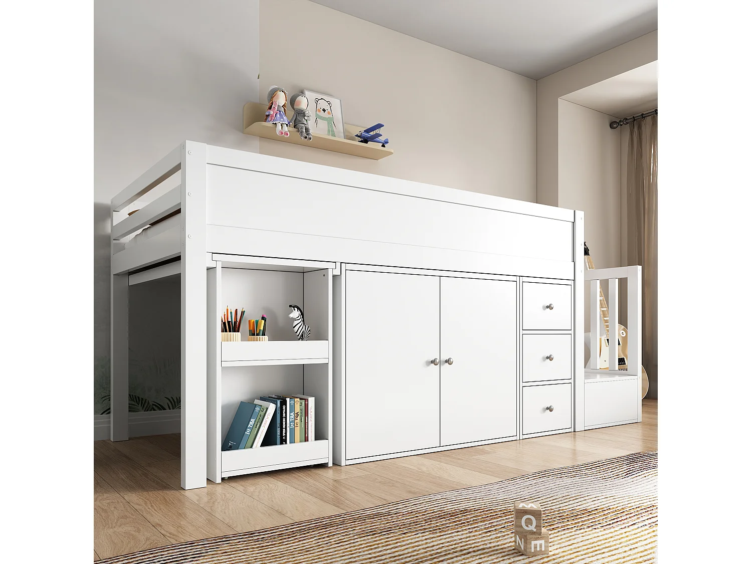 Lit mezzanine pour enfant 90x200cm- avec bureau coulissant + rangement latéral - avec armoire - avec escalier - Blanc