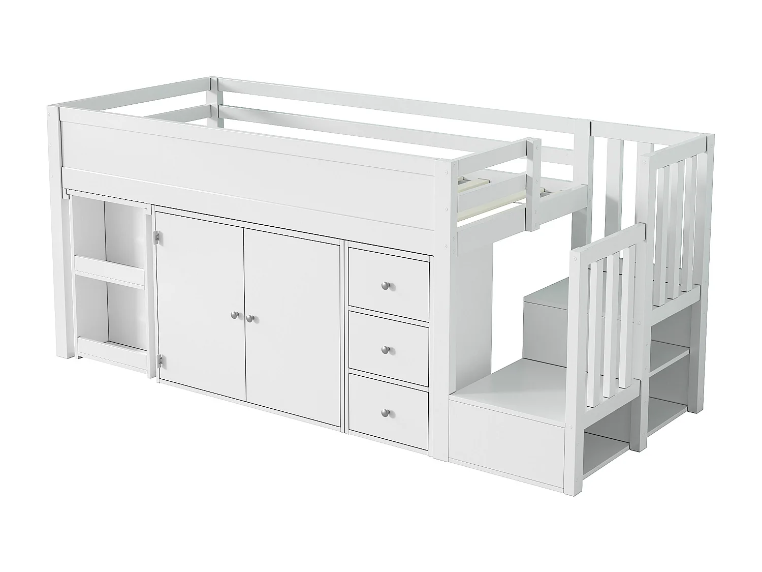 Lit mezzanine pour enfant 90x200cm- avec bureau coulissant + rangement latéral - avec armoire - avec escalier - Blanc