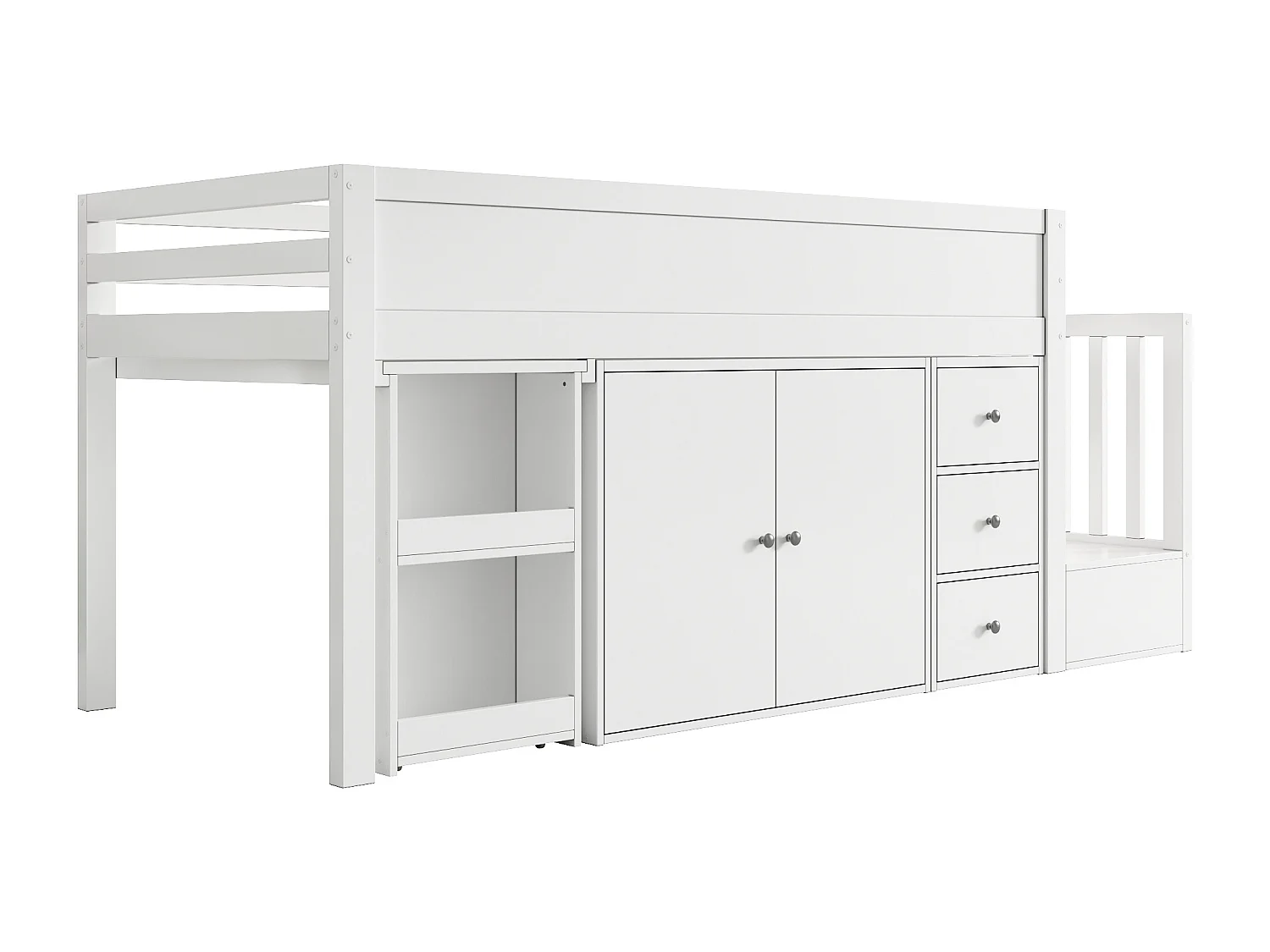 Lit mezzanine pour enfant 90x200cm- avec bureau coulissant + rangement latéral - avec armoire - avec escalier - Blanc