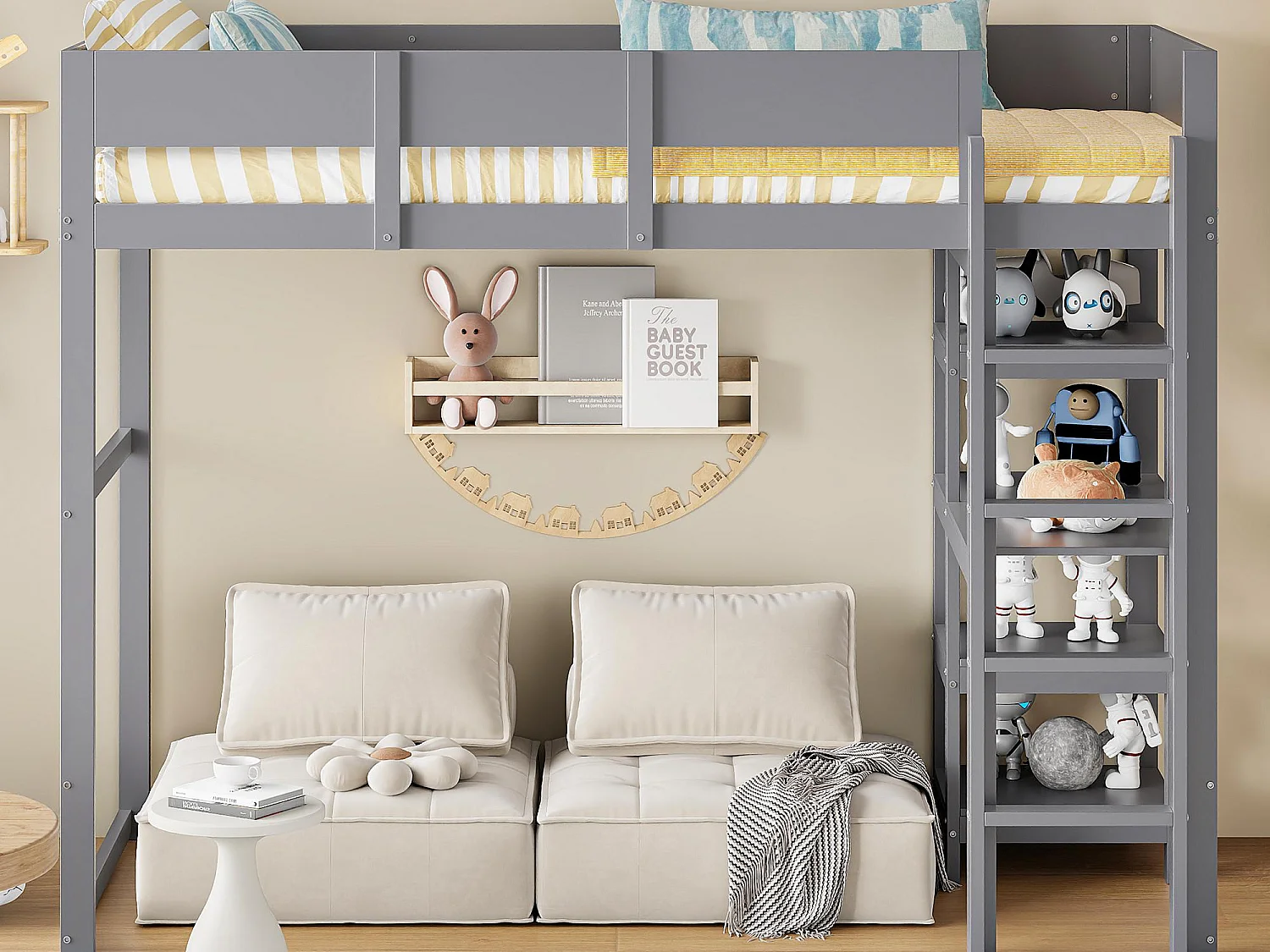 Cama alta 90 x 200 cm - com escada - com prateleiras de arrumação - madeira maciça - com base de ripas - cinzento (colchão não incluído)