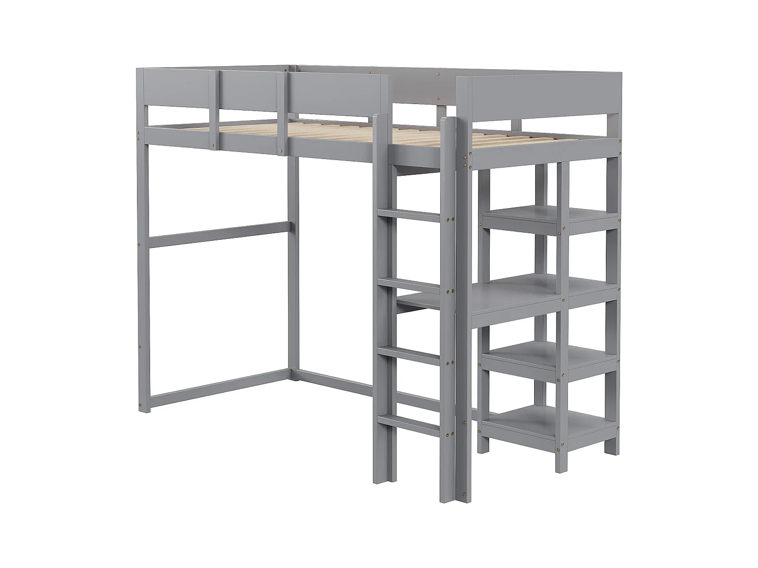 Cama alta 90 x 200 cm - com escada - com prateleiras de arrumação - madeira maciça - com base de ripas - cinzento (colchão não incluído)