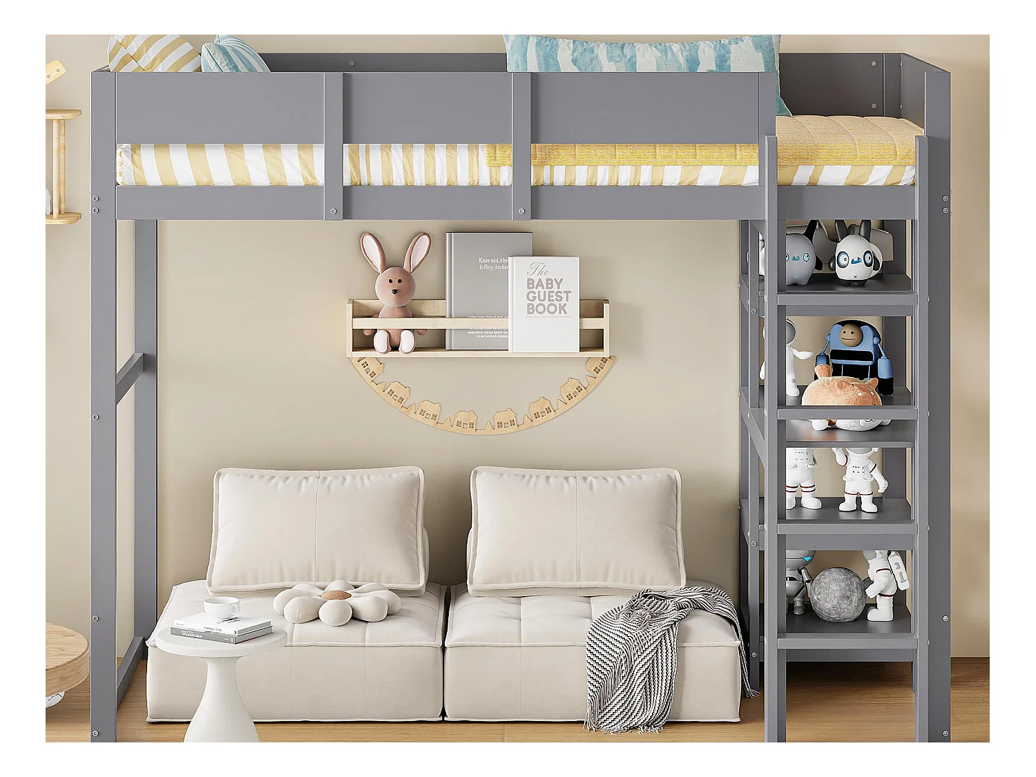 Lit mezzanine 90 x 200 cm - avec échelle - avec étagères de rangement - bois massif - avec sommier à lattes - gris (matelas non inclus)