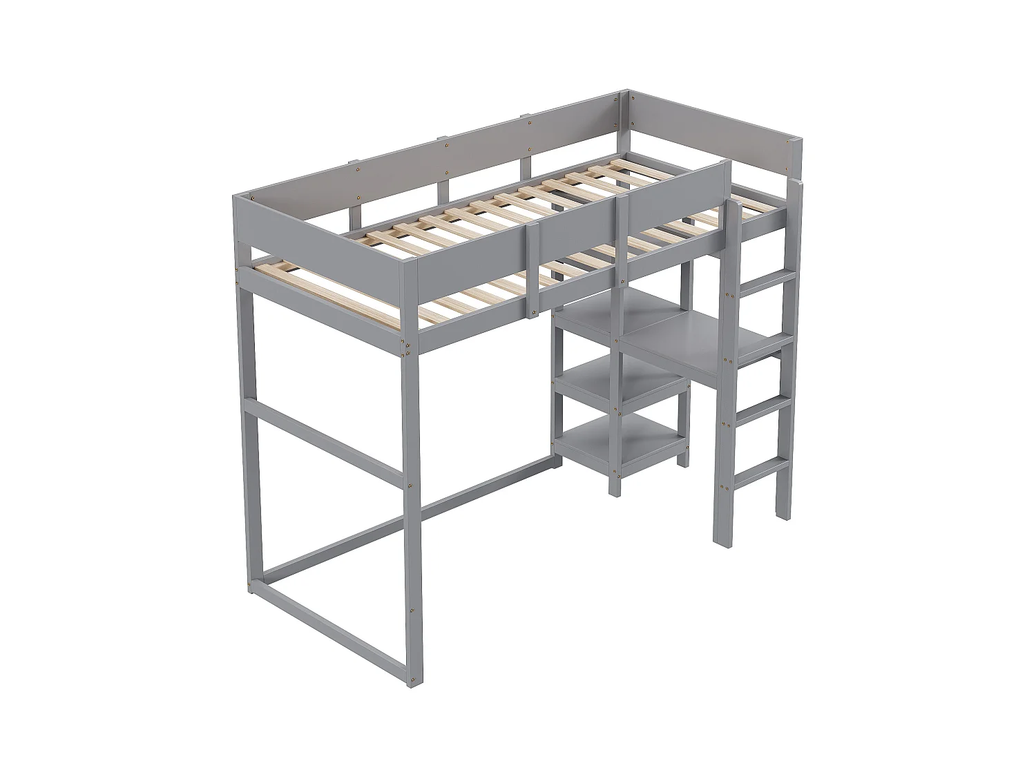 Lit mezzanine 90 x 200 cm - avec échelle - avec étagères de rangement - bois massif - avec sommier à lattes - gris (matelas non inclus)