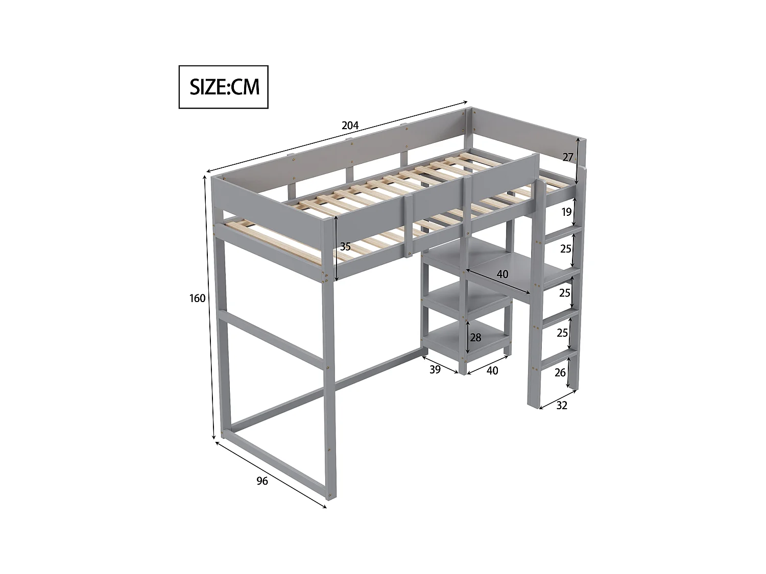 Lit mezzanine 90 x 200 cm - avec échelle - avec étagères de rangement - bois massif - avec sommier à lattes - gris (matelas non inclus)