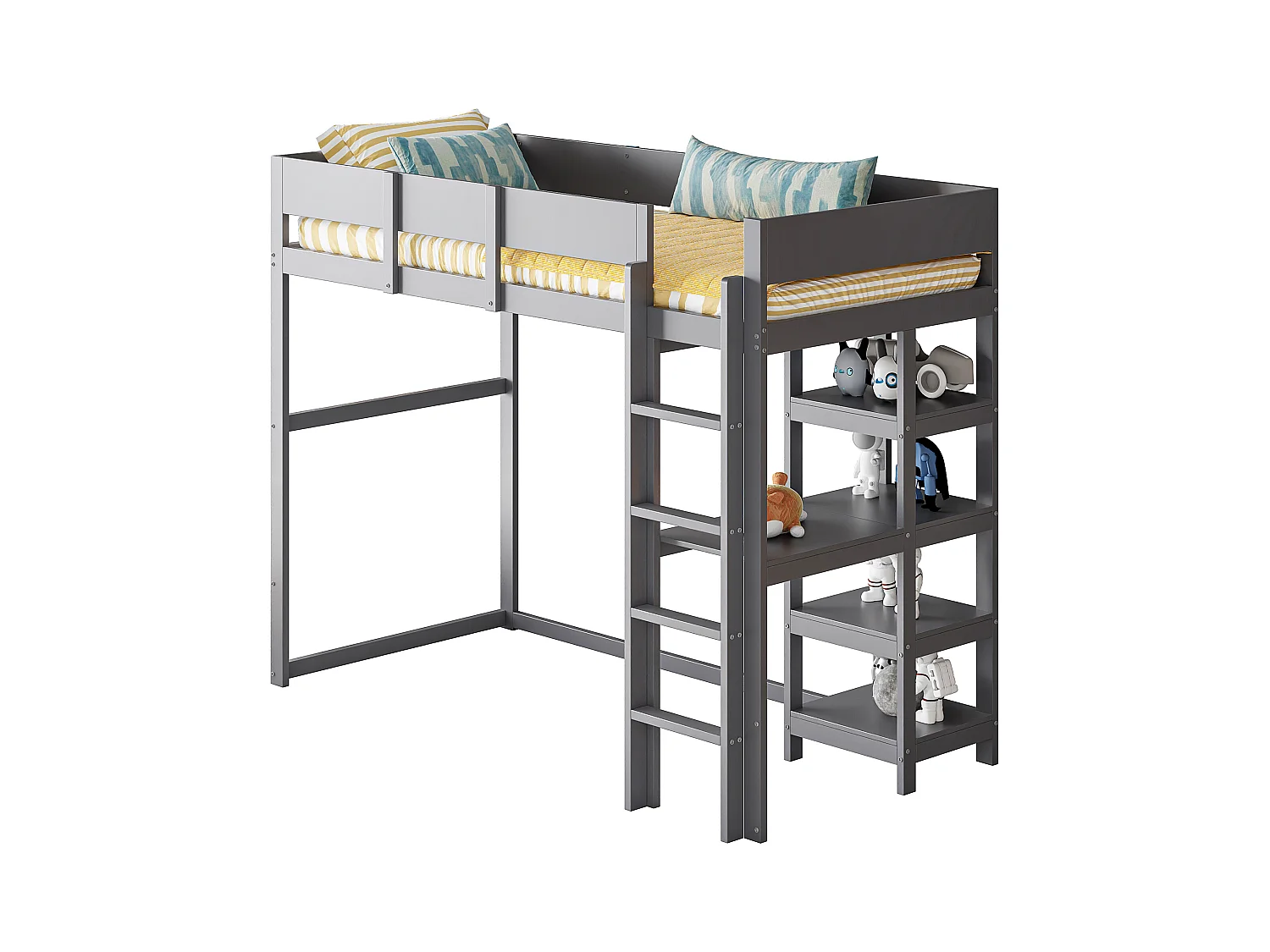 Lit mezzanine 90 x 200 cm - avec échelle - avec étagères de rangement - bois massif - avec sommier à lattes - gris (matelas non inclus)